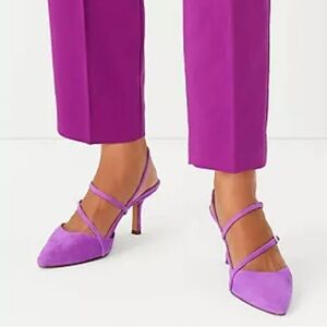 ANN TAYLOR Strappy Asymmetrical Suede Pumps Heels In Neon Fuchsia Size US 6.5